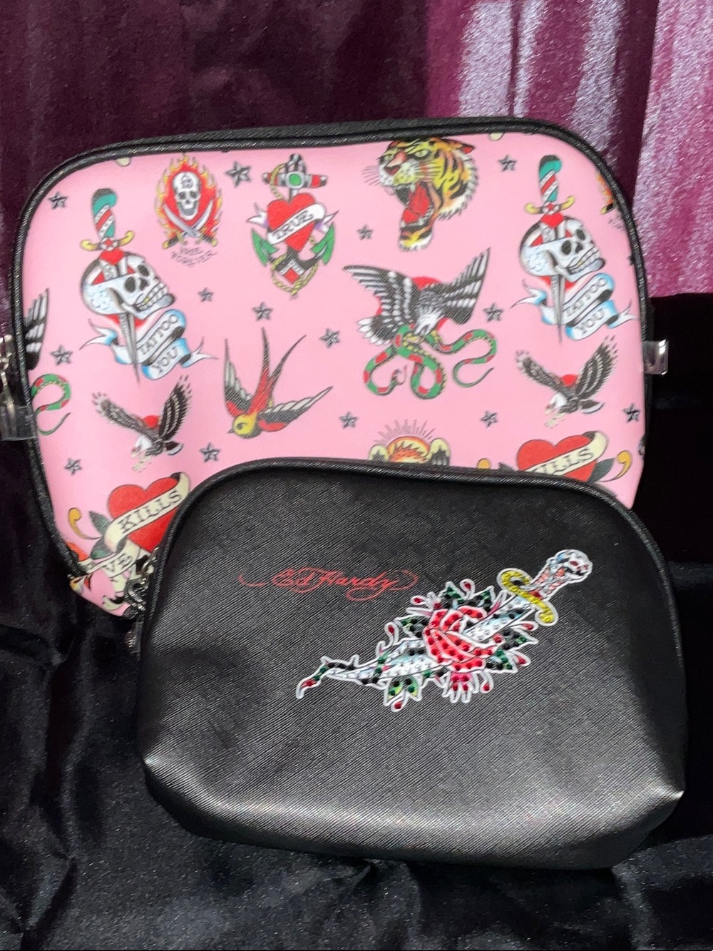Ed Hardy Pink Tattoo-Print Cosmetic Pouch with Black Embroidered Makeup Case you
